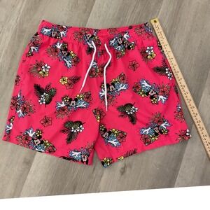 Disney Mickey Mouse Mens Pink Tropical Aloha Swim Trunks Board Shorts Medium